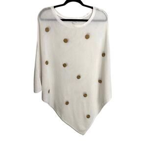 Chico's Poncho Womens L/XL White Gold Polka Dot Open Knit Handkerchief Hem